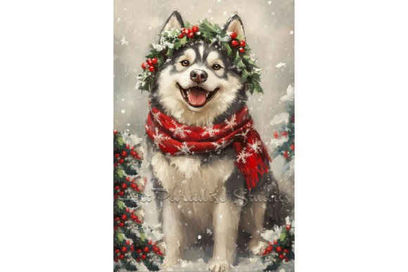 Christmas Alaskan Malamute Dog Wall Art – A Festive Illustration for Creative Projects