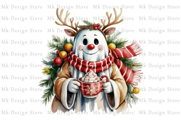 Christmas Ghost with Cocoa Cheer Clipart: A Festive Illustration Asset for Creative Projects