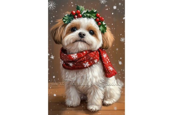 Christmas Malti Tzu Cozy Winter Dog Art for Illustrations