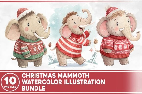 Christmas Mammoth Watercolor Dragon: A Festive Illustration for Digital Sellers