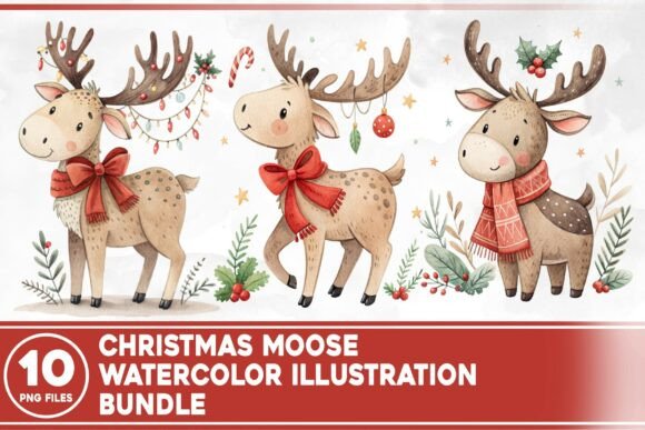Christmas Moose Watercolor Bundle: A Festive Illustration for Branding and Marketing