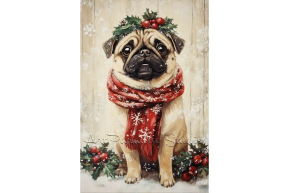 Christmas Pug Dog with Red Scarf Art Review