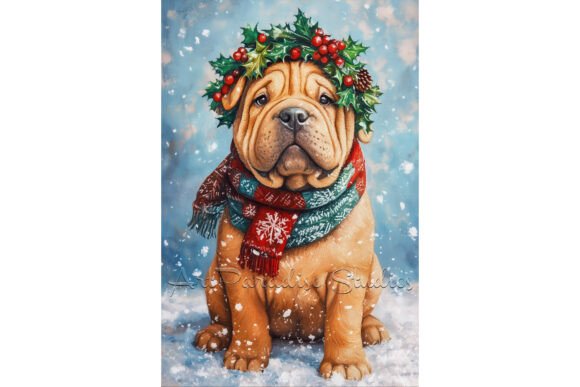 Christmas Shar Pei Dog Snow Wall Art: A Festive Illustration for Digital Sellers