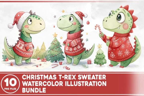 Christmas T-Rex Sweater Watercolor Illustrations for Local Business Branding