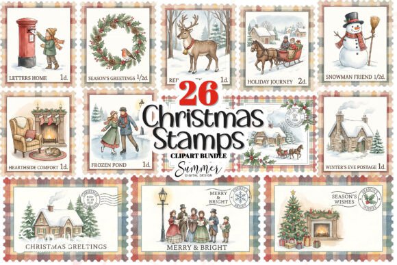 Christmas Victorian Postage Stamps: A Festive Illustration for Small Business Branding
