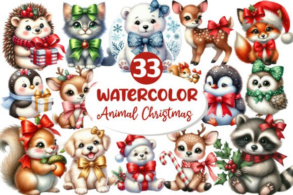 Cute Animal Christmas with Bow Clipart: A Festive Illustration for Local Business Branding