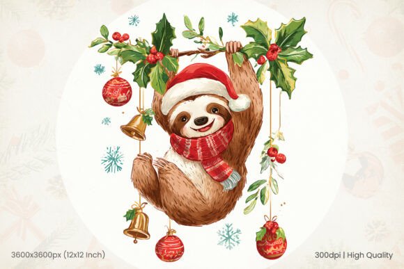 Cute Watercolor Christmas Sloth PNG Clip: A Festive Illustration for Creative Projects