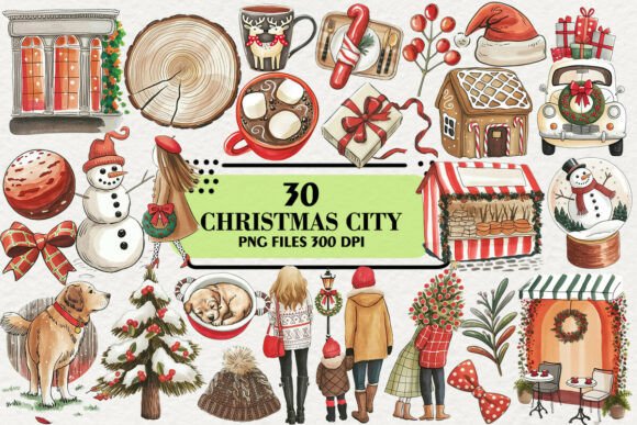 Kawaii Rustic Christmas City Clipart: A Festive Graphic Design Asset for Marketers