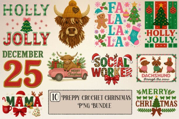 Preppy Crochet Christmas PNG Bundle: A Festive Illustration Asset for Creative Projects