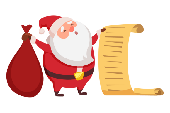 Santa Read Gift List. Christmas Cartoon Illustrations for Seasonal Design Projects
