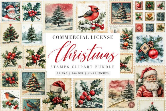 Vintage Christmas Stamps Png Bundle: A Festive Graphic Design Asset for Local Branding
